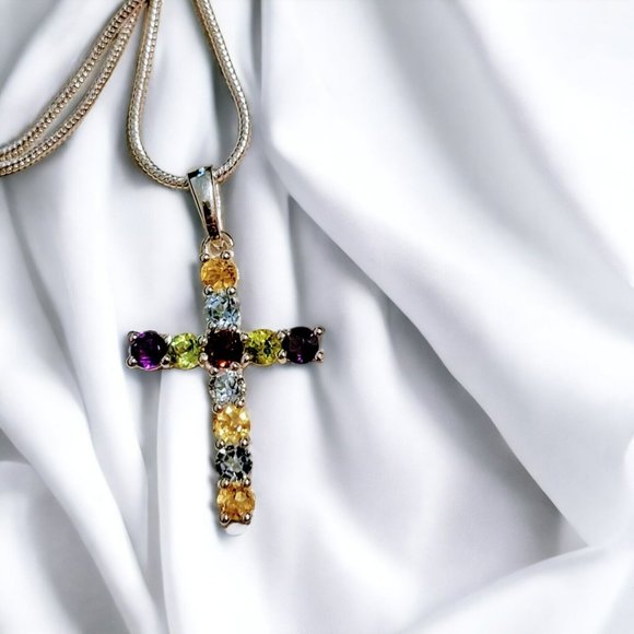 LC Jewelry - .925 Multi Gemstones Cross & 22" Chain Amethyst Blue Topaz Women Teen Gift Snk7